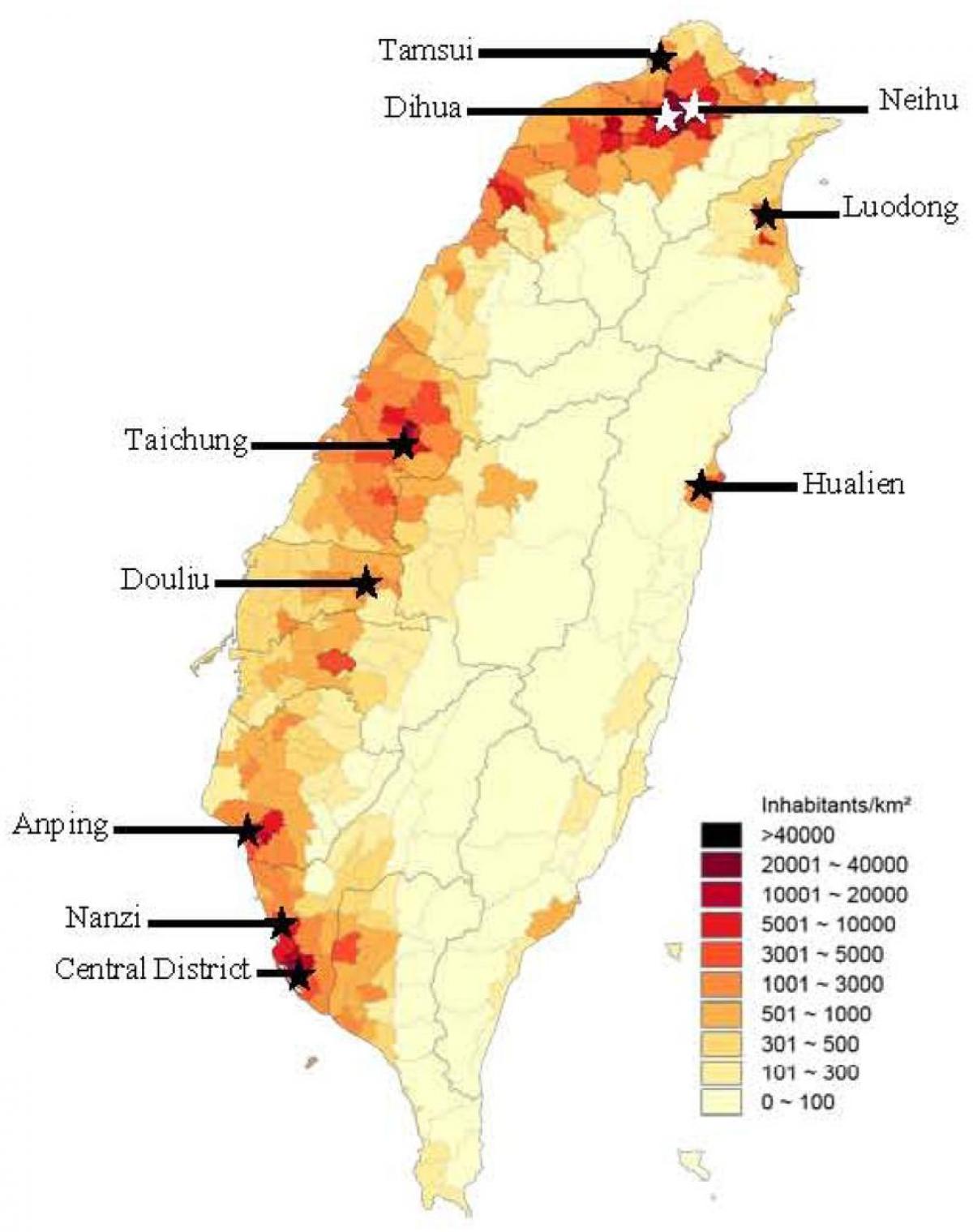 Taiwán densidad de población mapa